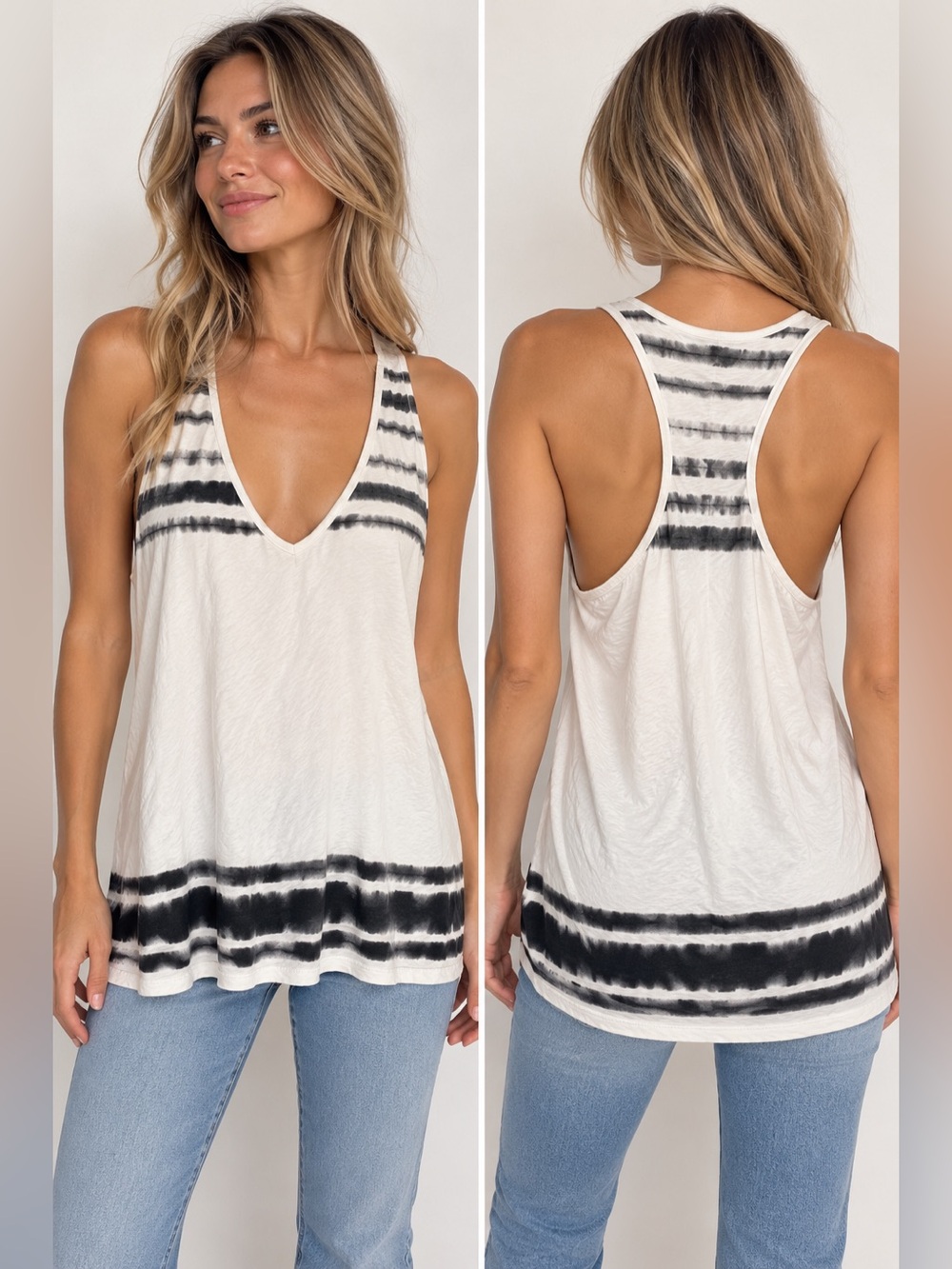 Solemio Ivory Tank Top with Black Tie-Dye Stripes